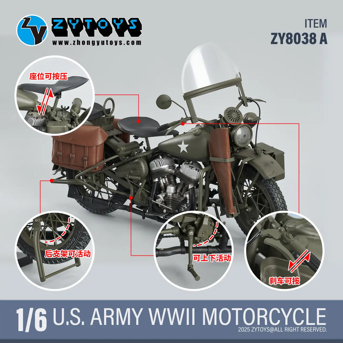 1/6 Scale ZY8038A - ZYTOYS - 1/6 WWII US Army Motorcycle Model - NIB ZYTOYS