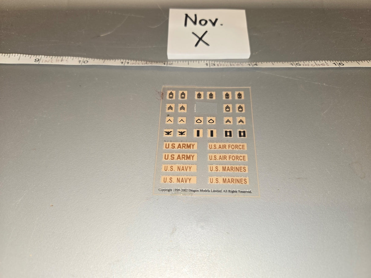 1/6 Scale Modern US Military Branch Name Tape and Rank Insignia Decal Sheet - Nov. X