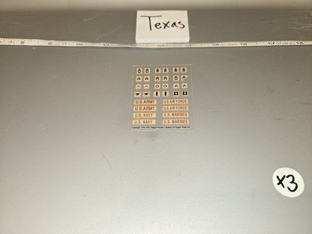 1/6 Scale Modern US Military Branch Name Tape and Rank Insignia Sheet - Texas