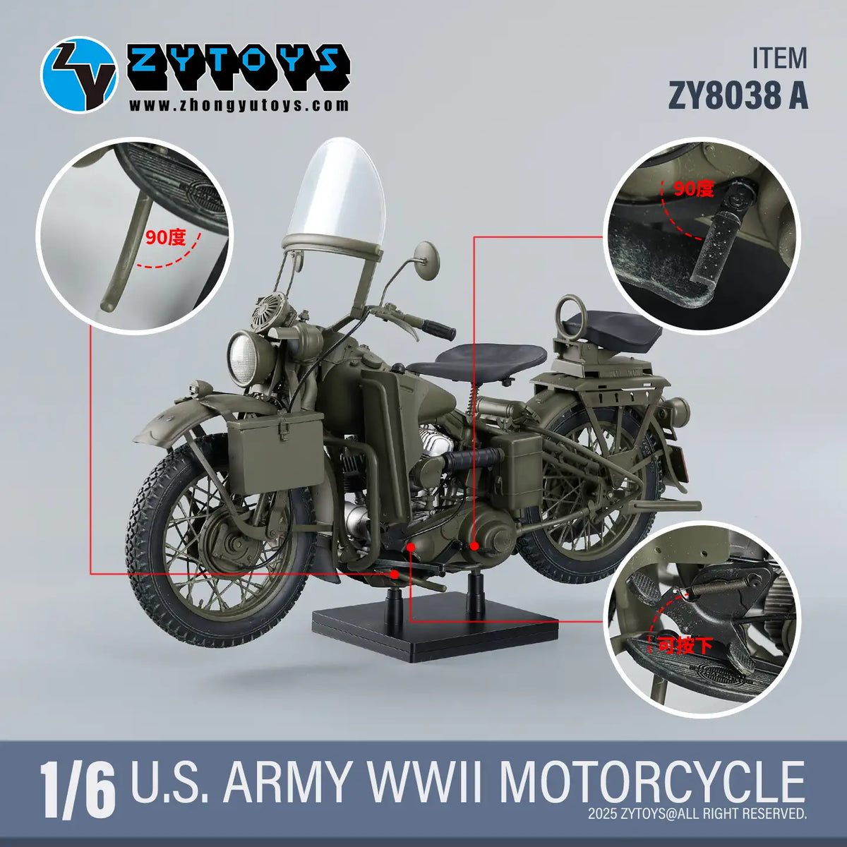 1/6 Scale ZY8038A - ZYTOYS - 1/6 WWII US Army Motorcycle Model - NIB ZYTOYS