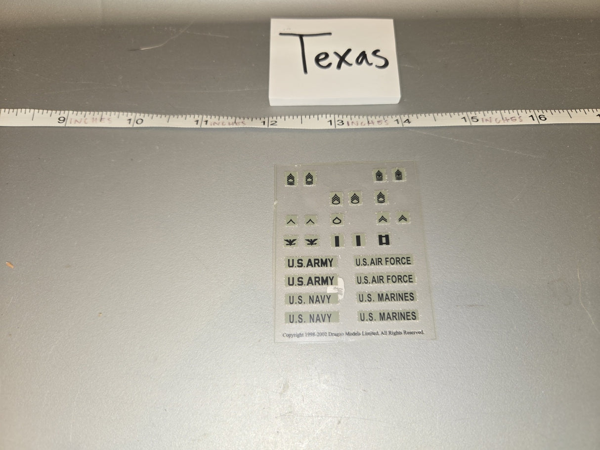 1/6 Scale Modern US Military Branch Name Tape and Rank Insignia Sheet - Texas