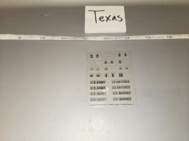 1/6 Scale Modern US Military Branch Name Tape and Rank Insignia Sheet - Texas