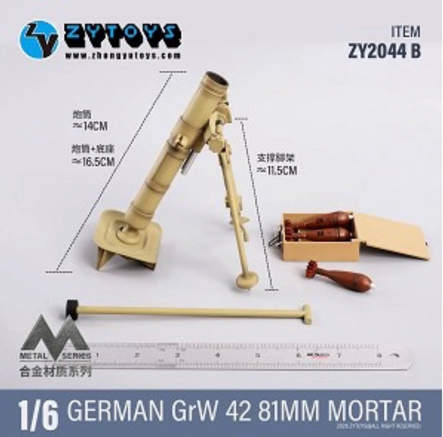 1/6 Scale WWII German Tan GrW 42 8cm Metal Mortar with Bipod and Ammunition- NIB ZY Toys Weapons Set